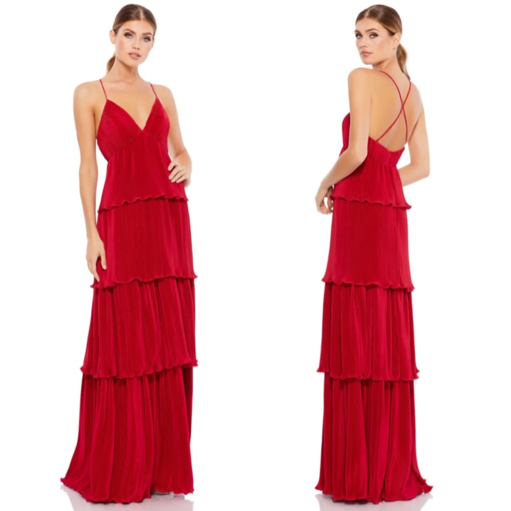 Mac Duggal Spaghetti Strap Ruffle Layered Maxi Dress Gown 49083 Red Size 4 NWT